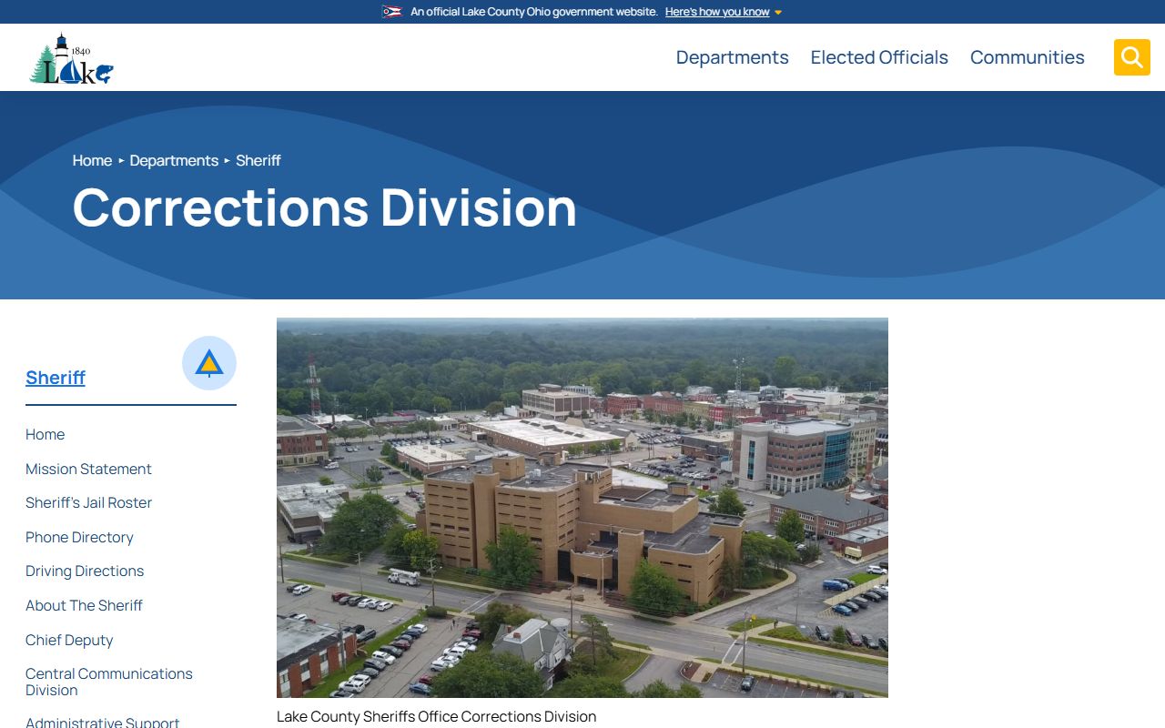 Lake County Sheriff's Office Corrections Division page with jail contact and service links