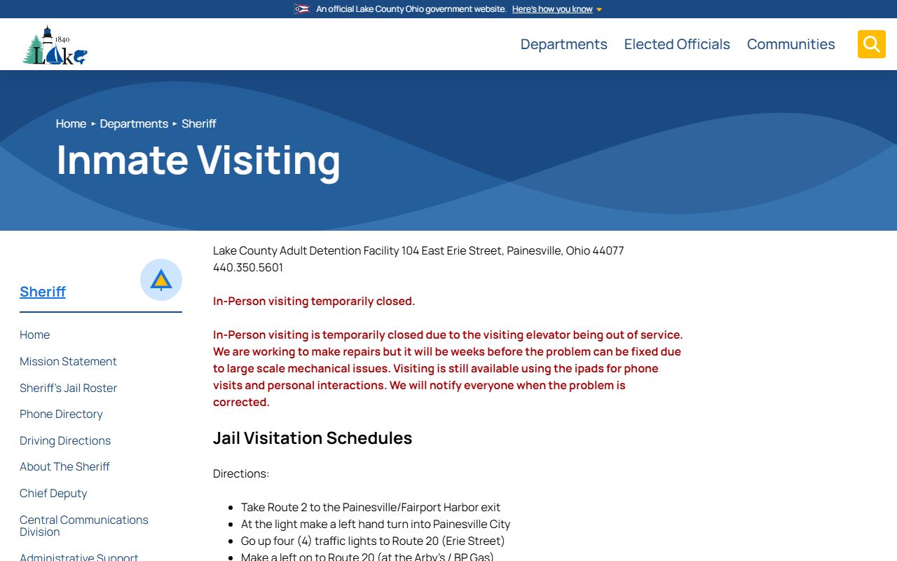 Lake County inmate visiting page with schedule and temporary visiting closure notice