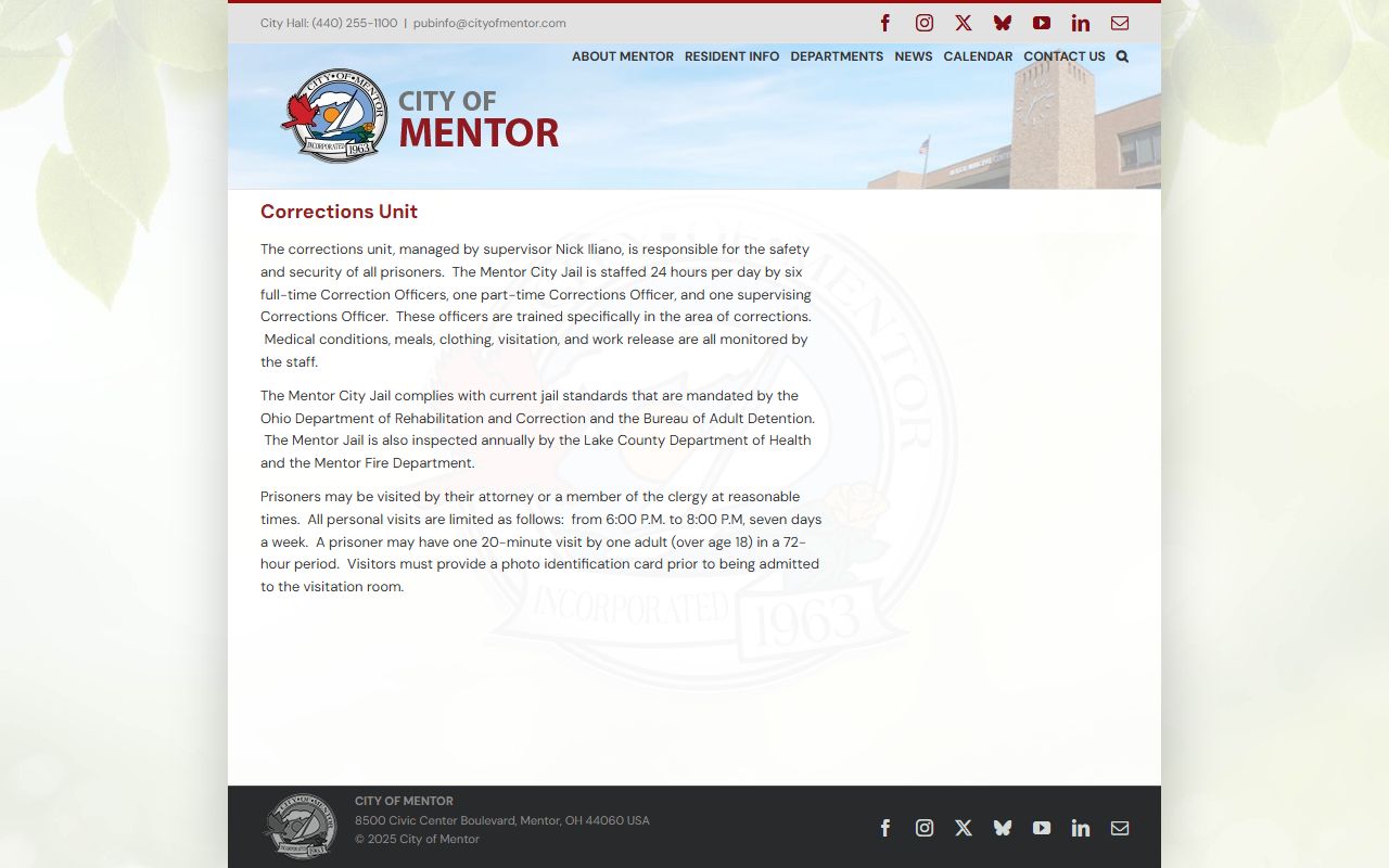 Mentor City Jail Corrections Unit official page with staffing and visitation details